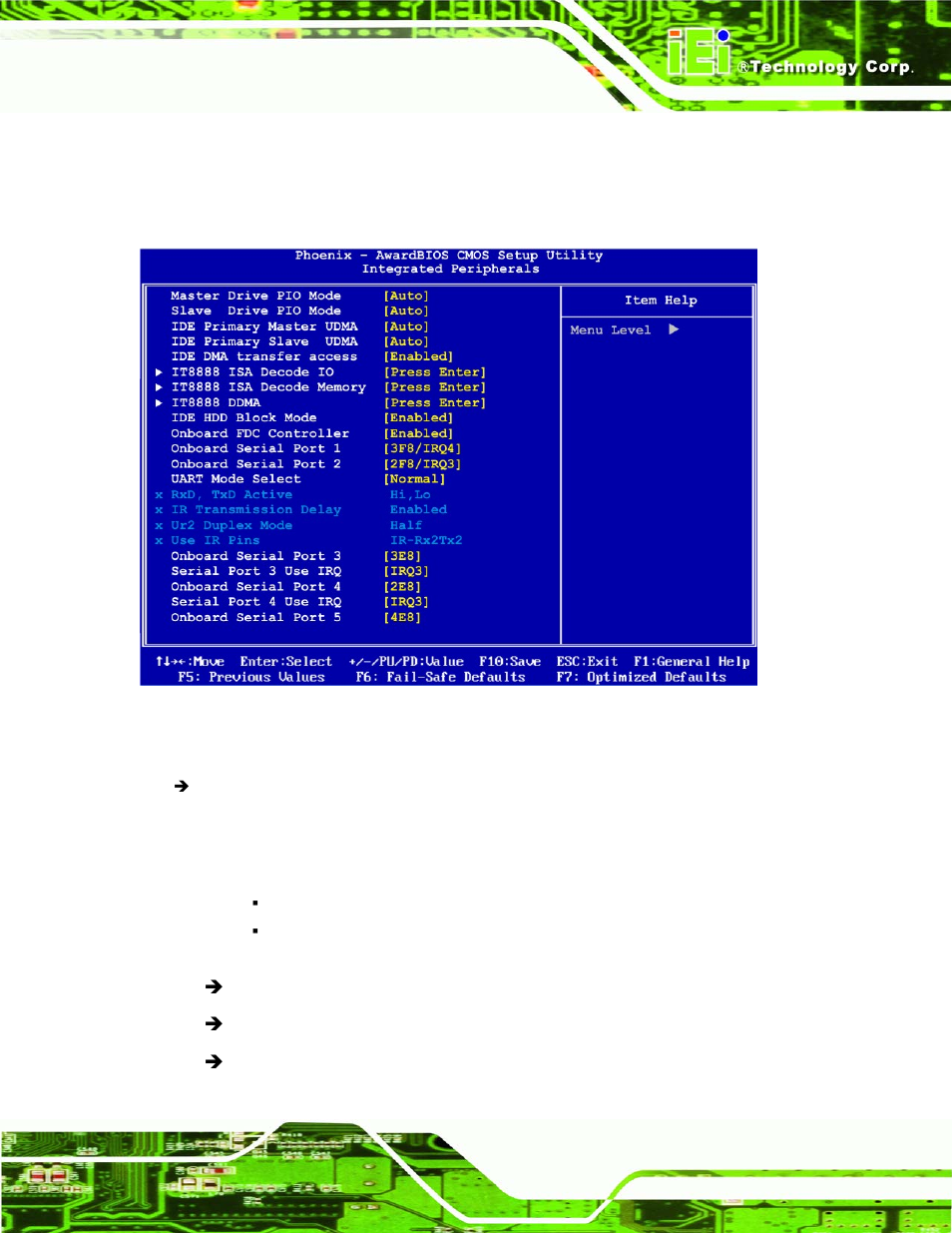 5 integrated peripherals, Ntegrated, Eripherals | Bios menu 7: integrated peripherals | IEI Integration NANO-LX v1.21 User Manual | Page 130 / 192