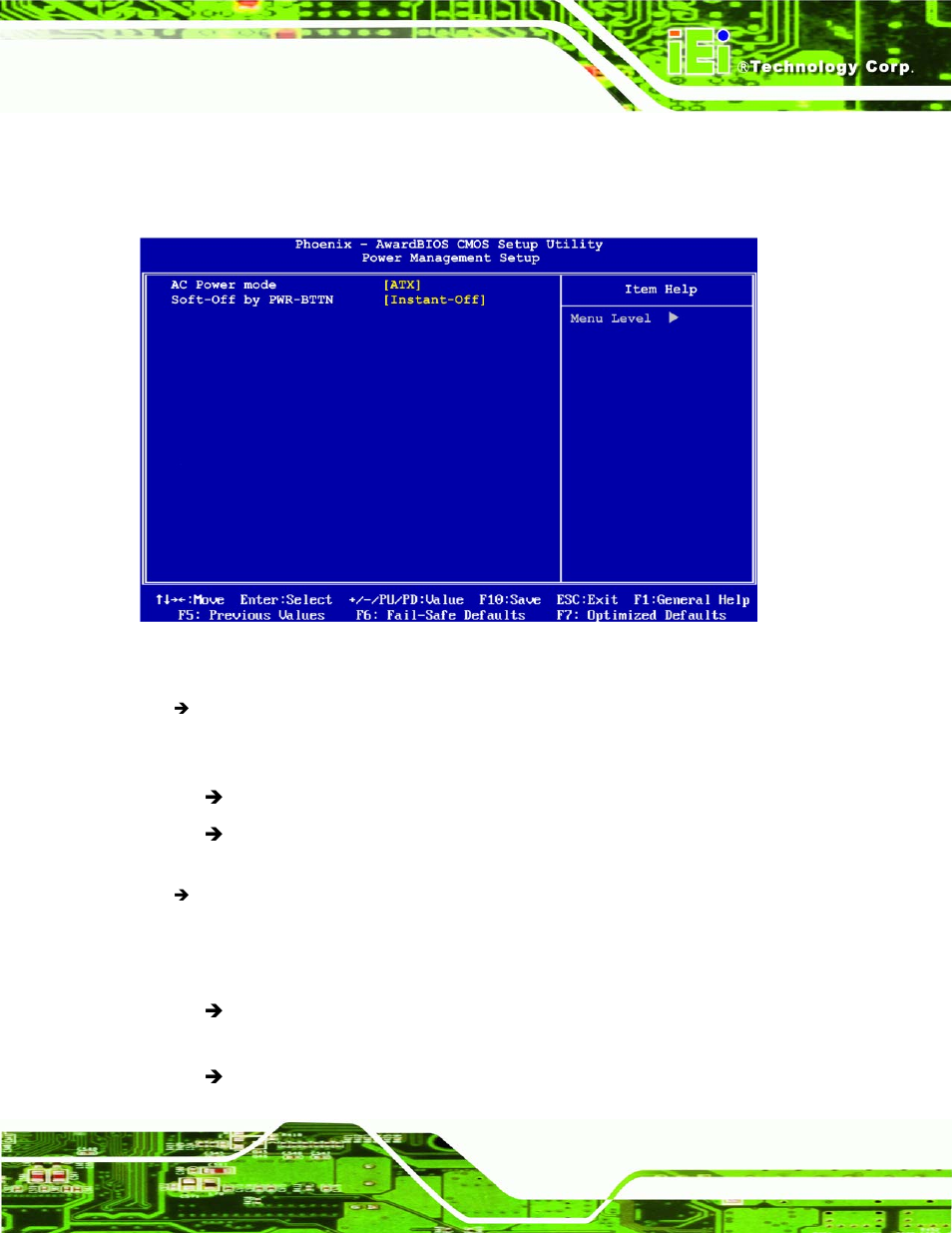 6 power management setup, Ower, Anagement | Etup, Bios menu 8: power management setup | IEI Integration NANO-LX v1.21 User Manual | Page 136 / 192