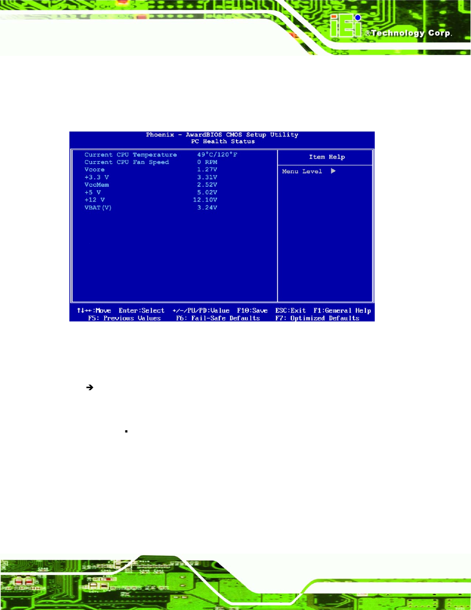 8 pc health status, Ealth, Tatus | Bios menu 12: pc health status | IEI Integration NANO-LX v1.21 User Manual | Page 142 / 192