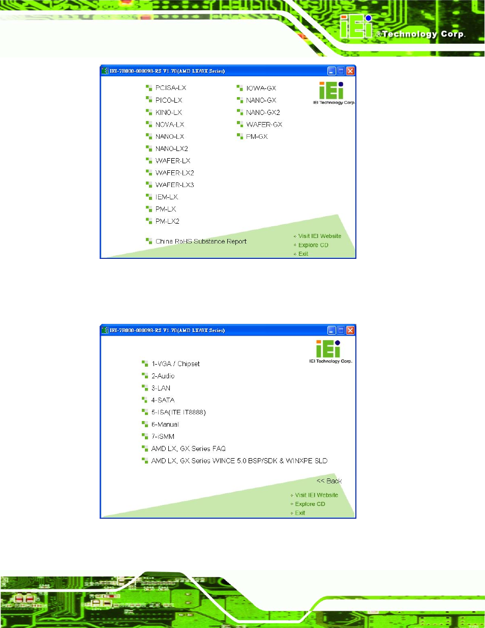 Figure 7-1: amd® lx/gx cd main menu, Figure 7-2: amd® lx/gx cd driver menu | IEI Integration NANO-LX v1.21 User Manual | Page 146 / 192