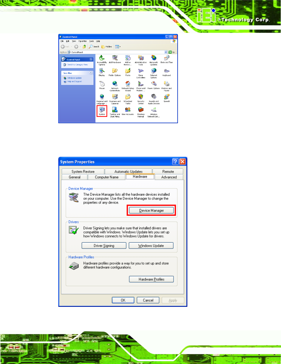 Figure 7-4: double click the system icon, Figure 7-5: click the device manager tab | IEI Integration NANO-LX v1.21 User Manual | Page 148 / 192