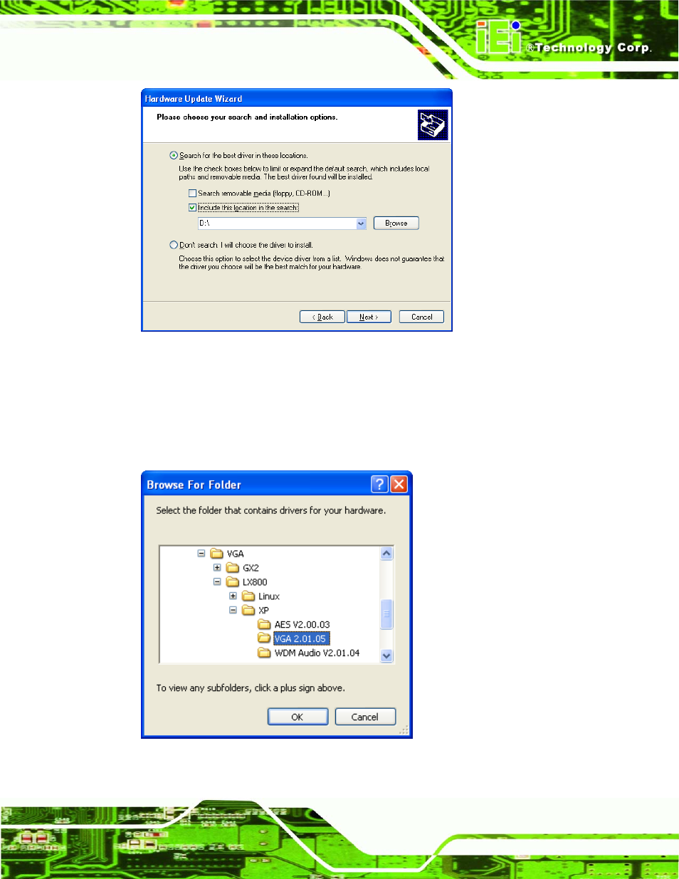Figure 7-10: search options window, Figure 7-11: folder selection window | IEI Integration NANO-LX v1.21 User Manual | Page 152 / 192