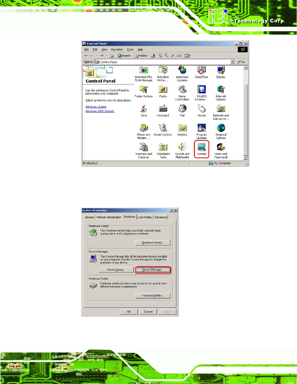 Figure 7-37: double click the system icon, Figure 7-38: double click the device manager tab | IEI Integration NANO-LX v1.21 User Manual | Page 172 / 192