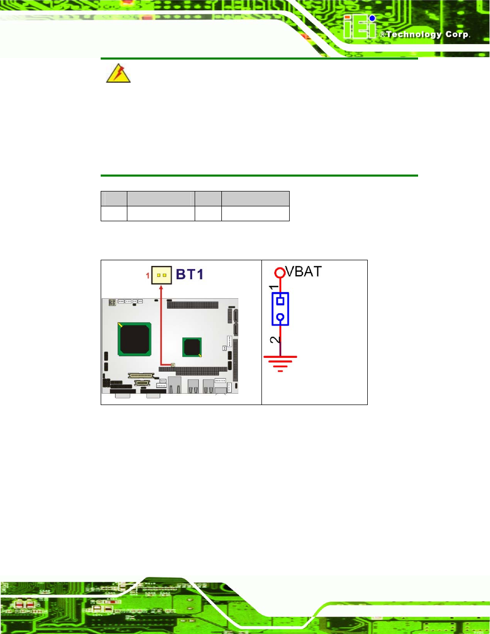 6 compactflash® connector, Figure 4-7: bt1 connector location, Table 4-8: bt1 connector pinouts | IEI Integration NANO-LX v1.21 User Manual | Page 52 / 192