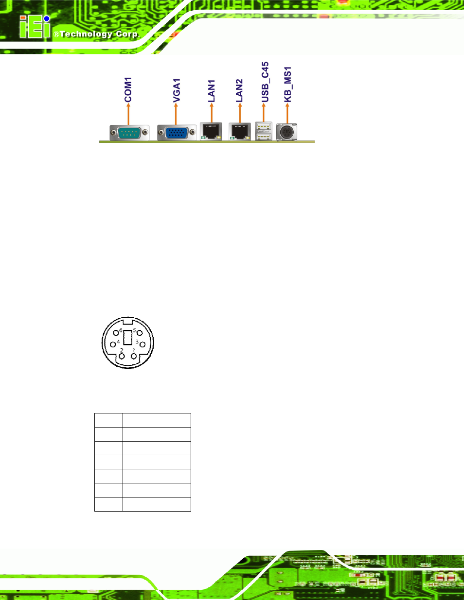 1 keyboard/mouse connector, Figure 3-25: ps/2 pinout and configuration, Table 3-25: keyboard connector pinouts | IEI Integration NANO-945GSE v2.00 User Manual | Page 64 / 199