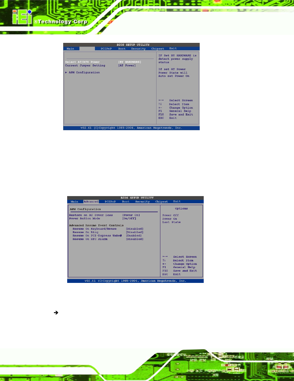 1 apm configuration, Menu 9: advanced power configuration, Menu 10:advanced power management configuration | IEI Integration NANO-945GSE2 User Manual | Page 104 / 172