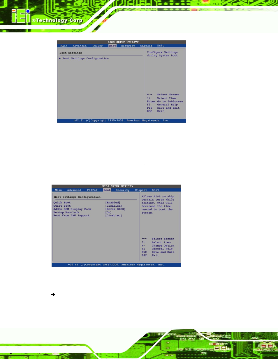 1 boot settings configuration, Menu 14: boot, Menu 15: boot settings configuration | IEI Integration NANO-945GSE2 User Manual | Page 114 / 172