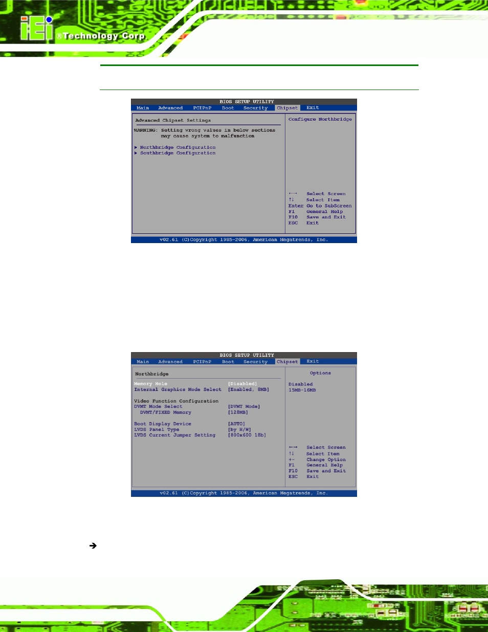 1 northbridge chipset configuration, Menu 18: chipset, Menu 19:northbridge chipset configuration | IEI Integration NANO-945GSE2 User Manual | Page 118 / 172