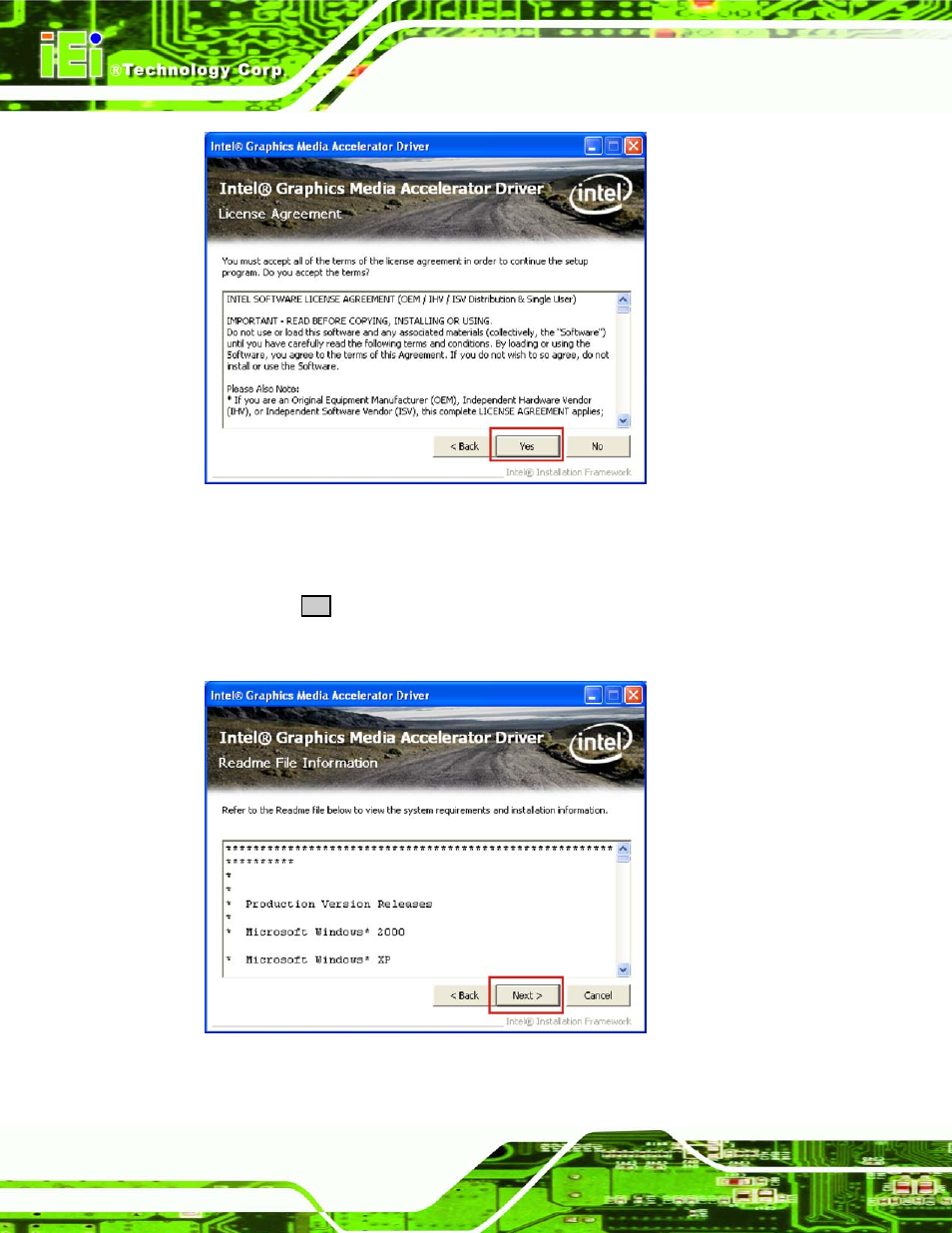 Figure 6-12: vga driver license agreement, Figure 6-13: vga driver read me file | IEI Integration NANO-945GSE2 User Manual | Page 132 / 172