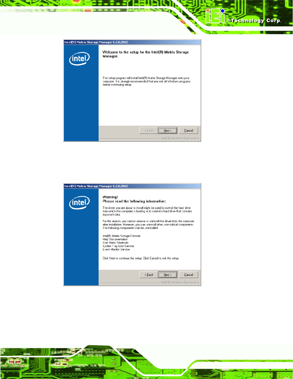 Figure 6-30: matrix storage manager welcome screen, Figure 6-31: matrix storage manager warning screen | IEI Integration NANO-945GSE2 User Manual | Page 143 / 172