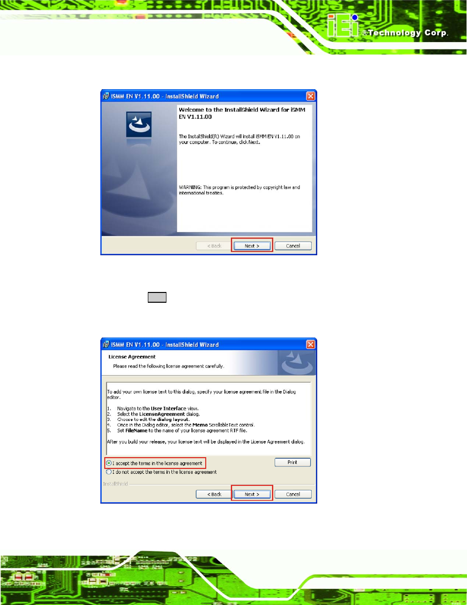 Figure 6-37: ismm installshield welcome screen, Figure 6-38: ismm license agreement | IEI Integration NANO-945GSE2 User Manual | Page 147 / 172