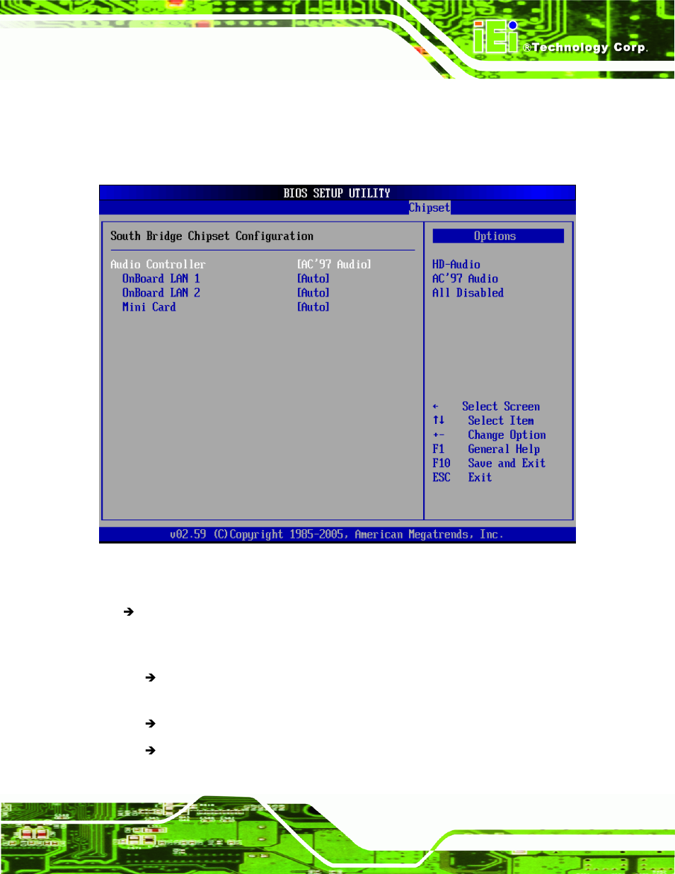 2 southbridge chipset configuration, Menu 22:southbridge chipset configuration | IEI Integration NANO-9452 v1.12 User Manual | Page 165 / 226