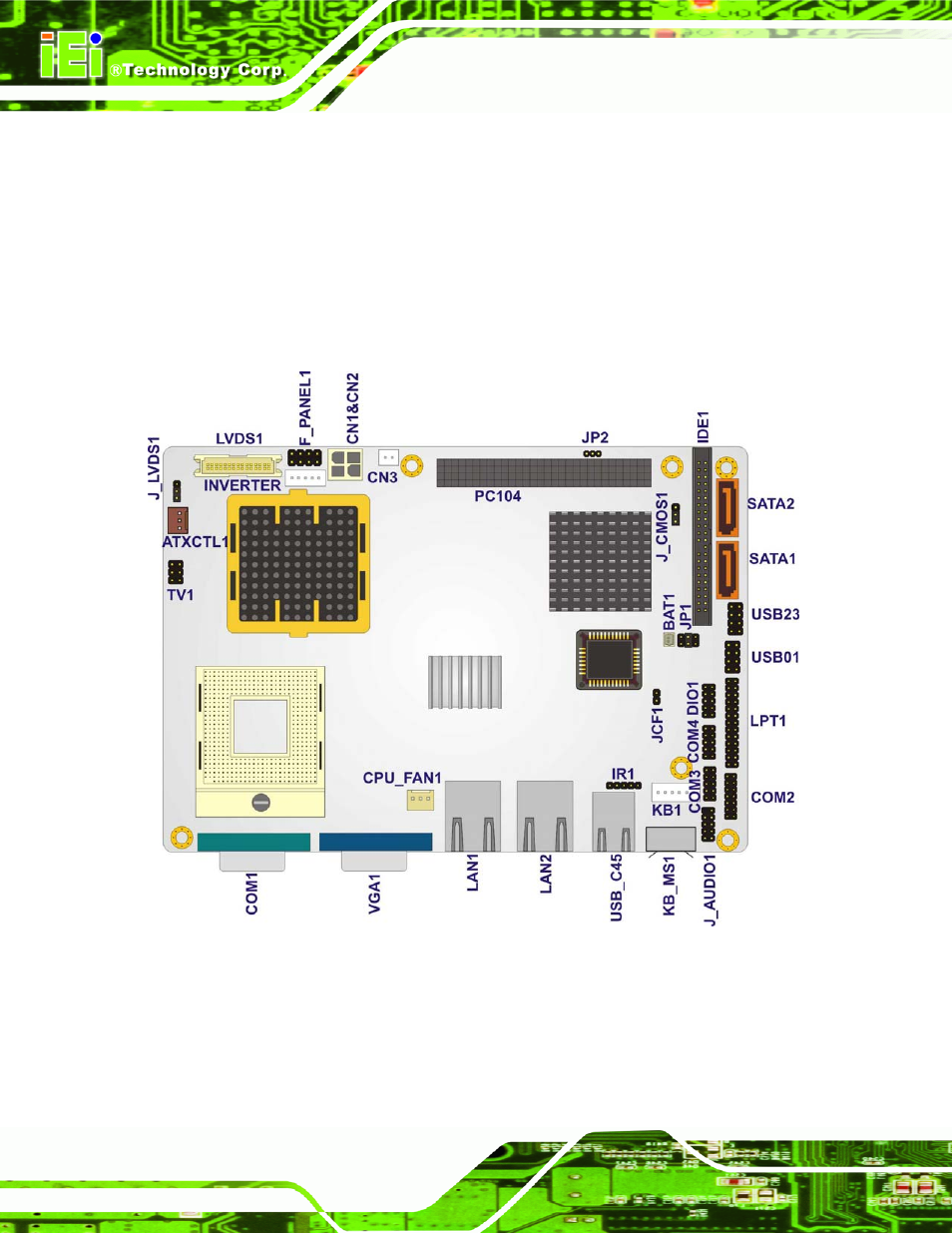1 peripheral interface connectors, 1 nano-9452 layout, Eripheral | Nterface, Onnectors, Figure 4-1: connector and jumper locations | IEI Integration NANO-9452 v1.12 User Manual | Page 48 / 226