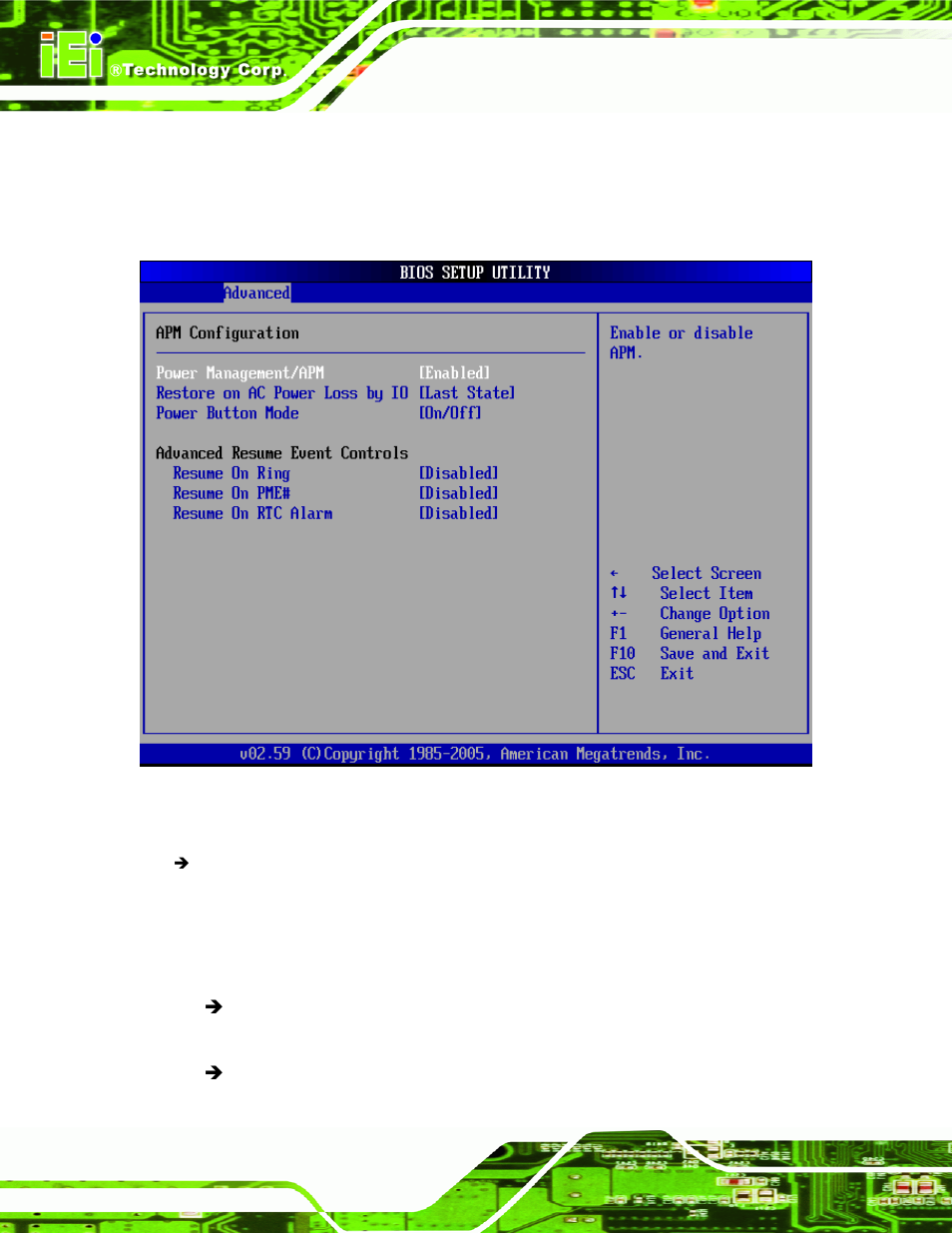 6 apm configuration, Menu 10:advanced power management configuration | IEI Integration NANO-9452 v4.02 User Manual | Page 132 / 226