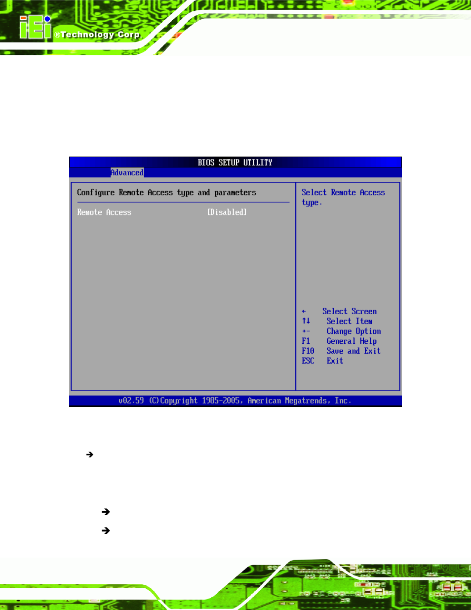 8 remote access configuration, Menu 12: remote access configuration [advanced | IEI Integration NANO-9452 v4.02 User Manual | Page 136 / 226