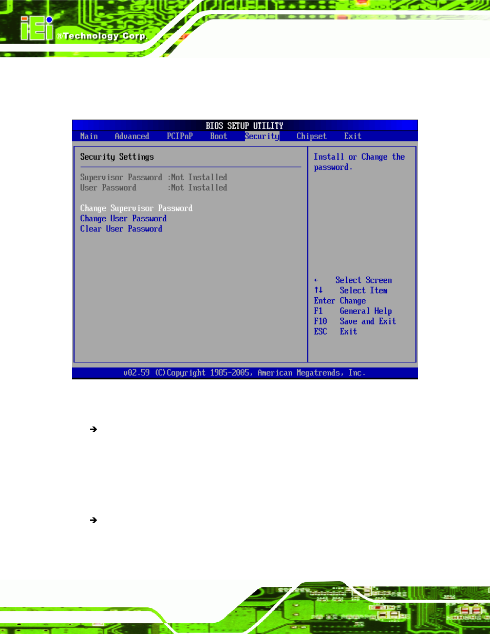 6 security, Ecurity, Menu 19: security | IEI Integration NANO-9452 v4.02 User Manual | Page 154 / 226