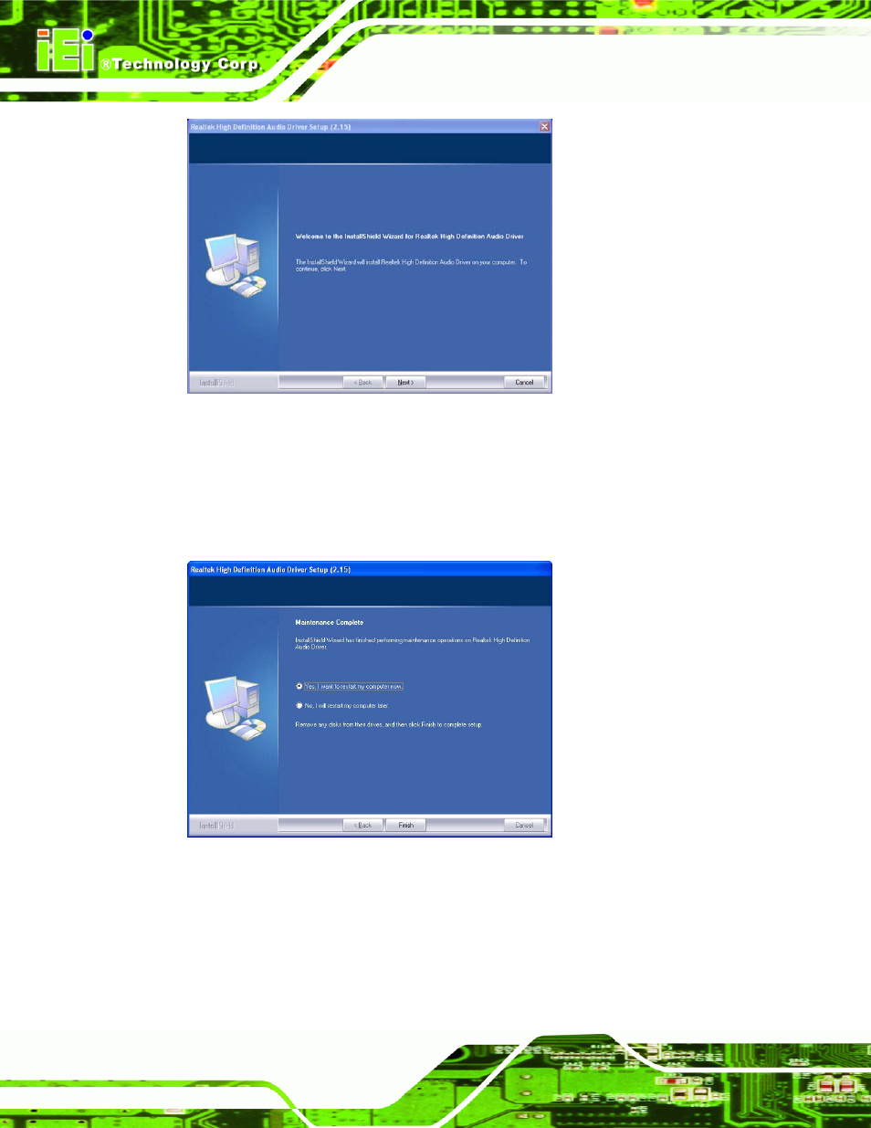 Figure 7-25: hd audio driver setup welcome screen, Figure 7-26: hd audio driver installation complete | IEI Integration NANO-9452 v4.02 User Manual | Page 184 / 226