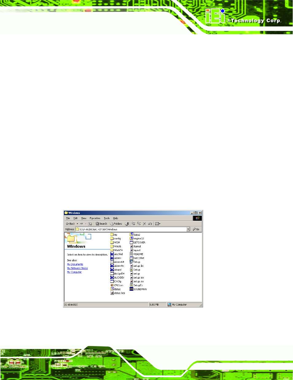 7 realtek ac`97 audio driver (alc665) installation, 1 bios setup, 2 driver installation | Ealtek, Ac`97, Udio, River, Alc665), Nstallation, Figure 7-27: cd 4-audio\ac-kit08r\windows folder | IEI Integration NANO-9452 v4.02 User Manual | Page 185 / 226
