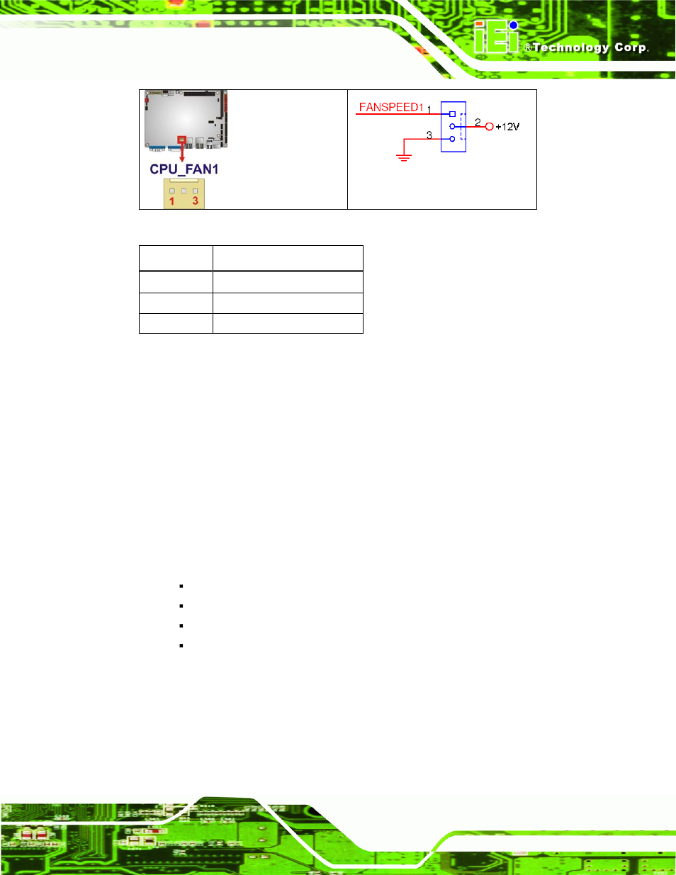 7 front panel connector, Figure 4-8: +12v fan connector location, Table 4-8: +12v fan connector pinouts | IEI Integration NANO-9452 v4.02 User Manual | Page 57 / 226