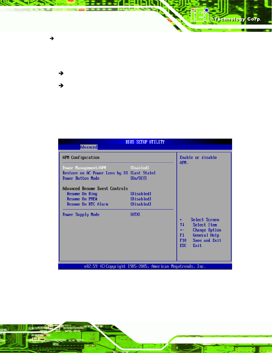 6 apm configuration, Menu 10:advanced power management configuration | IEI Integration NANO-9453 v1.10 User Manual | Page 157 / 254