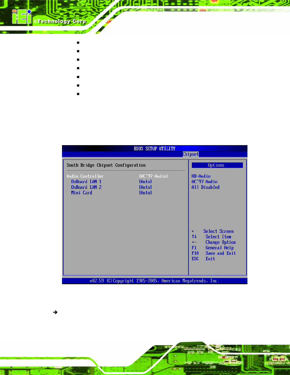 2 southbridge chipset configuration, Menu 22:southbridge chipset configuration | IEI Integration NANO-9453 v1.10 User Manual | Page 190 / 254