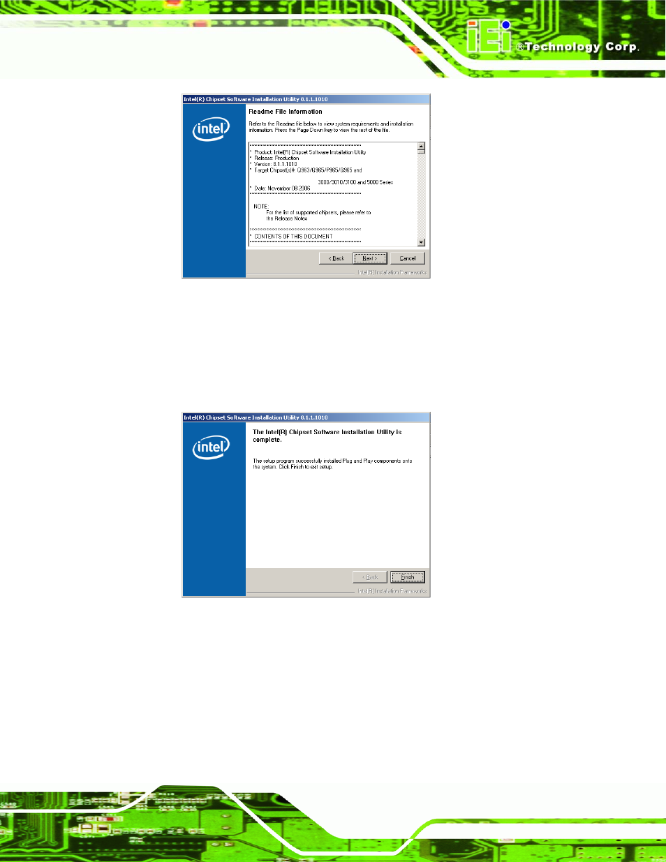 Ntel, Raphics, Edia | Ccelerator, River, Figure 7-5: chipset driver readme file information, Figure 7-6: chipset driver installation complete, Figure 7-5, 4 intel graphics media accelerator driver | IEI Integration NANO-9453 v1.10 User Manual | Page 199 / 254