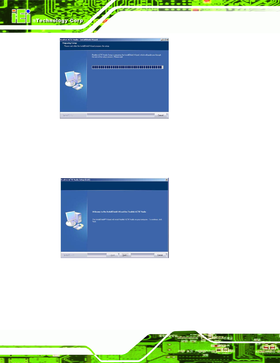 Figure 7-28: ac`97 audio driver setup preparation, Figure 7-29: ac`97 audio driver welcome screen | IEI Integration NANO-9453 v1.10 User Manual | Page 212 / 254