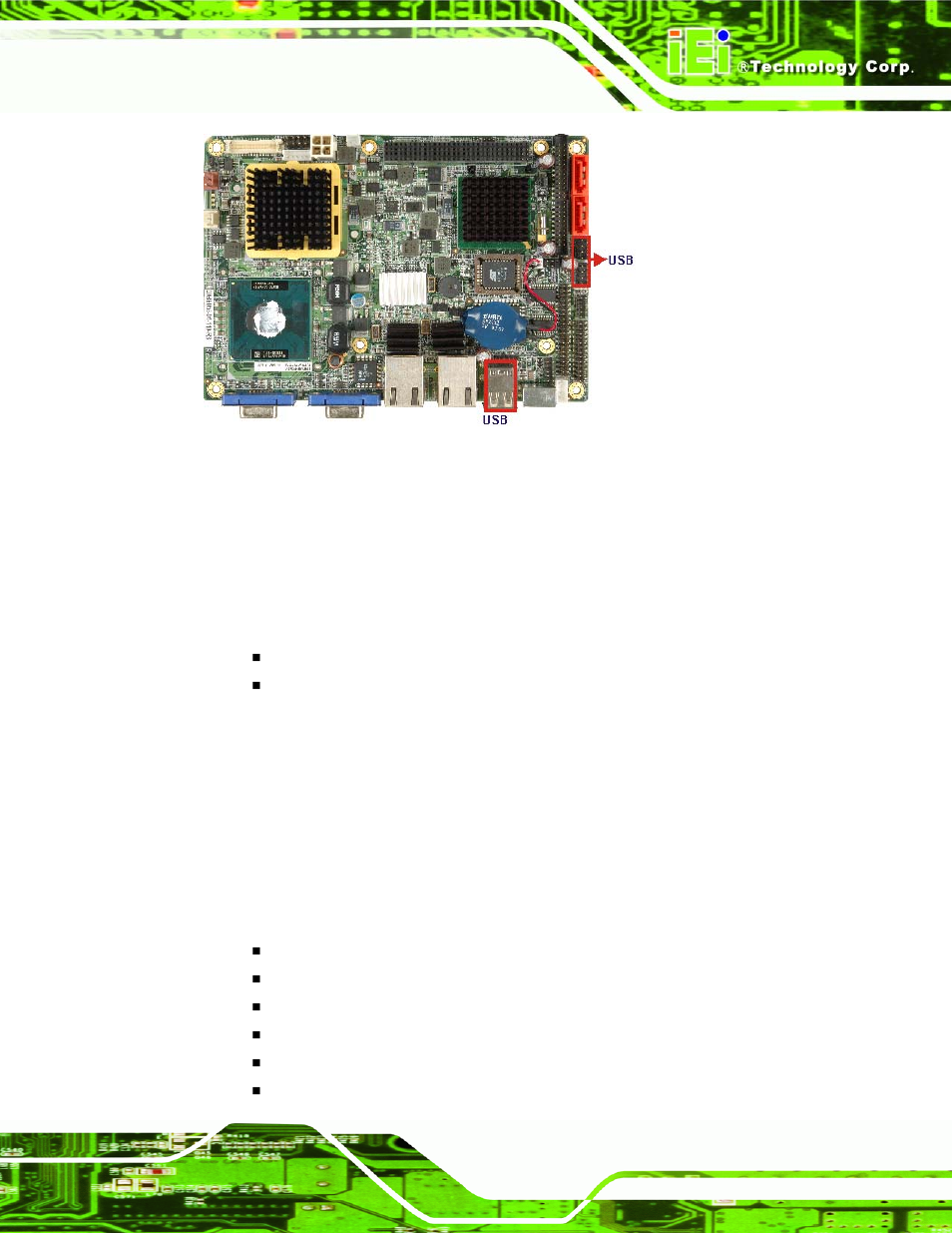 7 pci, Omponents, 1 pcie bus overview | 2 broadcom pci express gbe interface, Figure 2-12: usb connectors, 7 pcie bus components | IEI Integration NANO-9453 v1.10 User Manual | Page 45 / 254