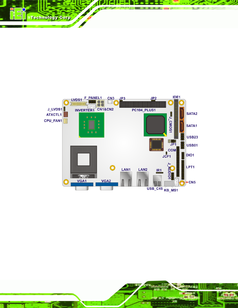 Eripheral, Nterface, Onnectors | 1 nano-9453 layout, Figure 4-1: connector and jumper locations, 1 peripheral interface connectors | IEI Integration NANO-9453 v1.10 User Manual | Page 62 / 254