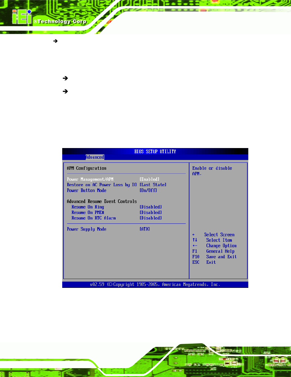 6 apm configuration, Menu 10:advanced power management configuration | IEI Integration NANO-9453 v1.12 User Manual | Page 152 / 242