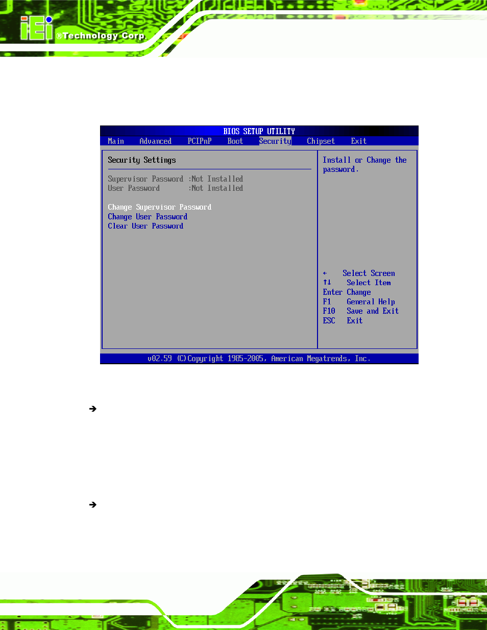 6 security, Ecurity, Menu 19: security | IEI Integration NANO-9453 v1.12 User Manual | Page 176 / 242