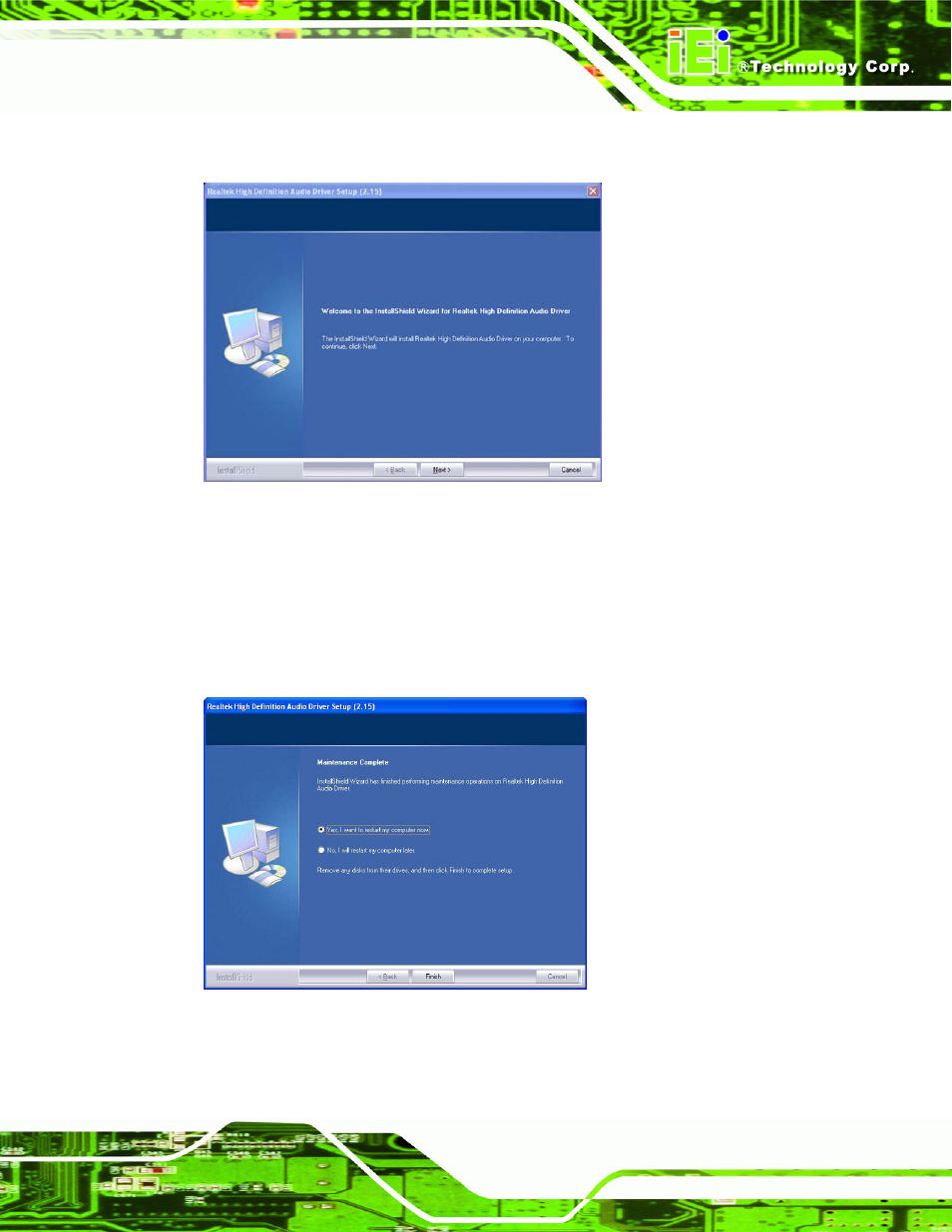 Figure 7-24: hd audio driver setup welcome screen, Figure 7-25: hd audio driver installation complete | IEI Integration NANO-9453 v1.12 User Manual | Page 203 / 242