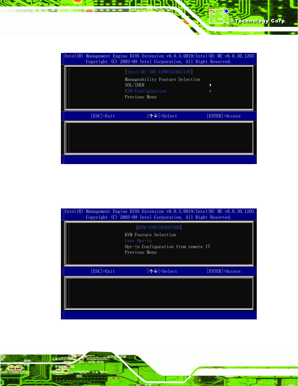 Figure a-5: select kvm configuration, Figure a-6: kvm configuration | IEI Integration NANO-QM57A User Manual | Page 103 / 143