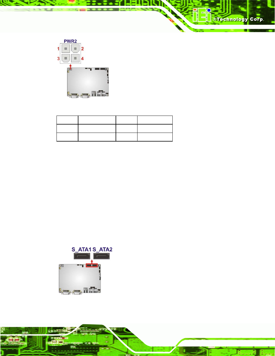 10 sata drive connectors, Figure 3-10: cpu 12v power connector location, Figure 3-11: sata drive connector locations | Table 3-11: cpu 12v power connector pinouts | IEI Integration NANO-QM57A User Manual | Page 35 / 143