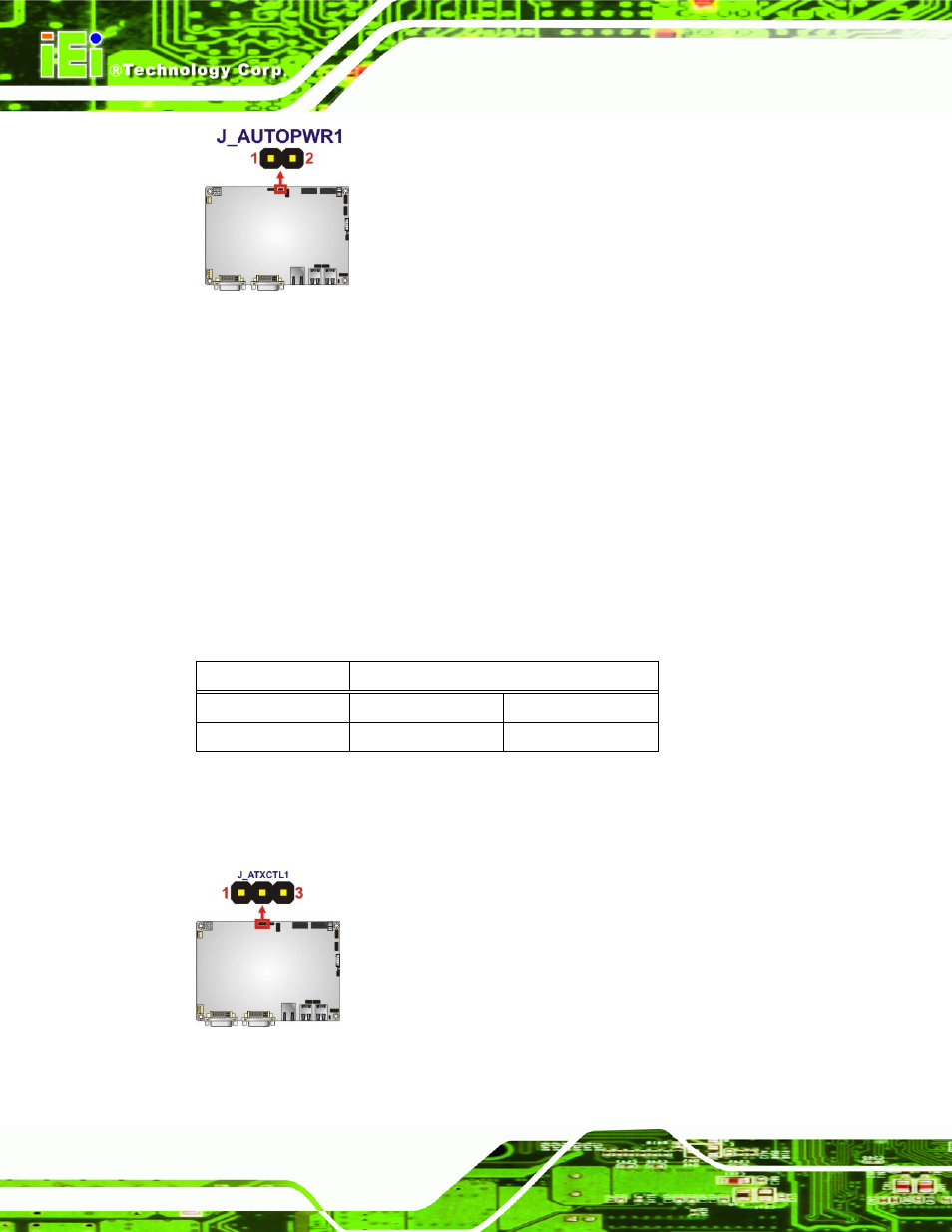 2 at/atx power select jumper settings, Figure 4-6: at auto button select jumper settings, Figure 4-7: at/atx power select jumper location | Table 4-3: at/atx power select jumper settings | IEI Integration NANO-QM57A User Manual | Page 52 / 143