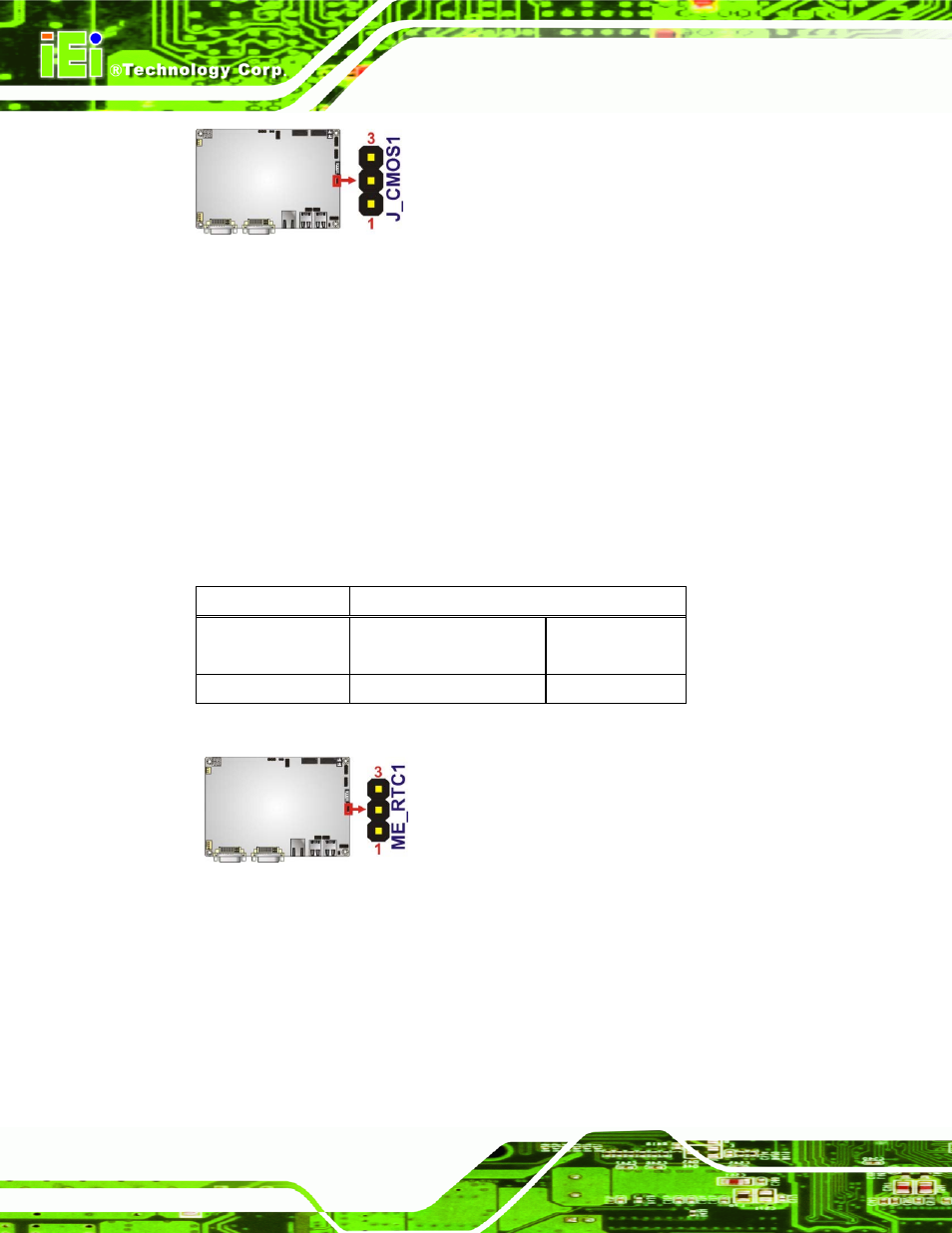 4 me rtc register jumper, Figure 4-8: clear cmos jumper, Figure 4-9: me rtc register jumper location | Table 4-5: me rtc register jumper settings | IEI Integration NANO-QM57A User Manual | Page 54 / 143