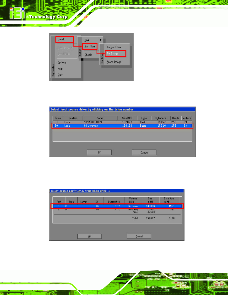 Figure b-10: symantec ghost path, Figure b-11: select a local source drive | IEI Integration NANO-PV-D4252_N4552_D5252 User Manual | Page 126 / 148