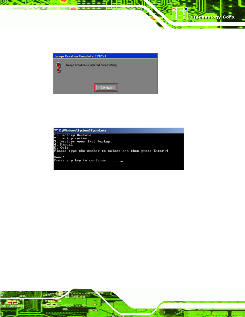 B.3 setup procedure for linux, Etup, Rocedure for | Inux, Figure b-17: image creation complete, Figure b-18: press any key to continue | IEI Integration NANO-PV-D4252_N4552_D5252 User Manual | Page 129 / 148