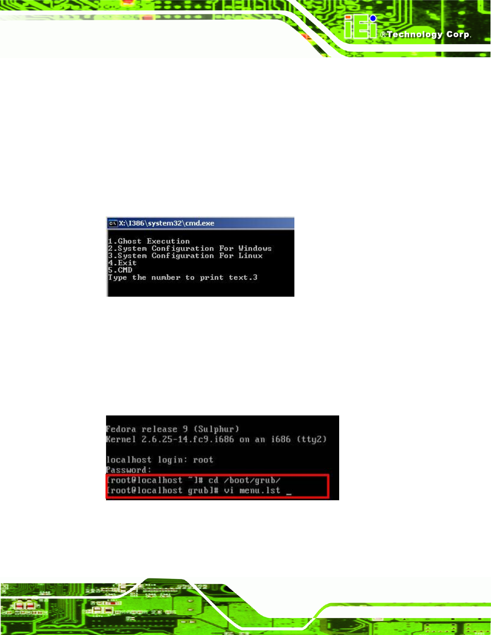 Figure b-20: system configuration for linux, Figure b-21: access menu.lst in linux (text mode) | IEI Integration NANO-PV-D4252_N4552_D5252 User Manual | Page 131 / 148