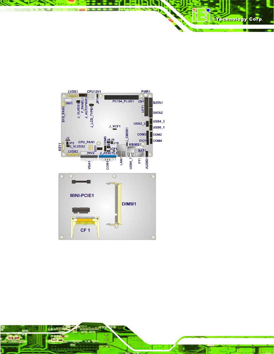 1 peripheral interface connectors, 1 nano-pv-d4252/n4552/d5252 layout, Eripheral | Nterface, Onnectors, Figure 3-1: connector and jumper locations | IEI Integration NANO-PV-D4252_N4552_D5252 User Manual | Page 27 / 148