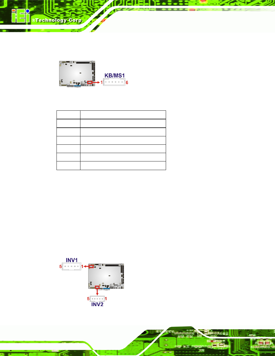 9 backlight inverter connector, Figure 3-9: keyboard/mouse connector location, Figure 3-10: backlight inverter connector location | Table 3-10: keyboard/mouse connector pinouts, See figure 3-9, See table 3-10 | IEI Integration NANO-PV-D4252_N4552_D5252 User Manual | Page 36 / 148