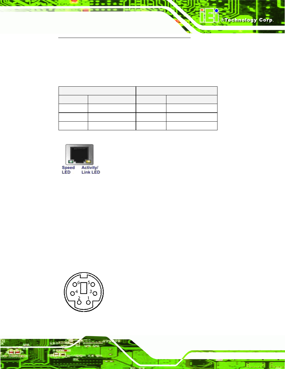 2 keyboard/mouse connector, Figure 3-26: rj-45 ethernet connector, Figure 3-27: ps/2 pinout and configuration | Table 3-26: lan pinouts, Table 3-27: rj-45 ethernet connector leds, Table 3-19, The two sata 3gb/s driv | IEI Integration NANO-PV-D4252_N4552_D5252 User Manual | Page 51 / 148