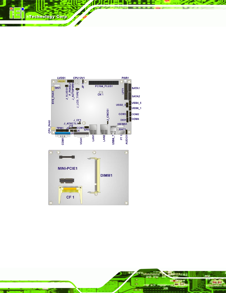 1 peripheral interface connectors, 1 nano-pv-d4251/n4551/d5251 layout, Eripheral | Nterface, Onnectors, Figure 3-1: connector and jumper locations | IEI Integration NANO-PV-D4251_N4551_D5251 User Manual | Page 27 / 153
