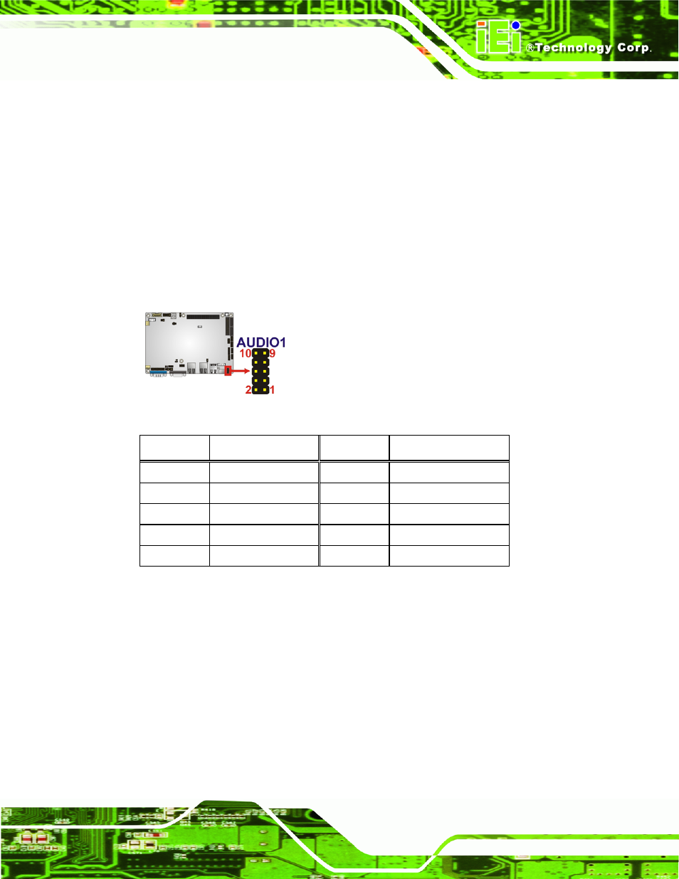 1 audio connector, 2 battery connector, Figure 3-2: audio connector location | Table 3-3: audio connector pinouts | IEI Integration NANO-PV-D4251_N4551_D5251 User Manual | Page 30 / 153