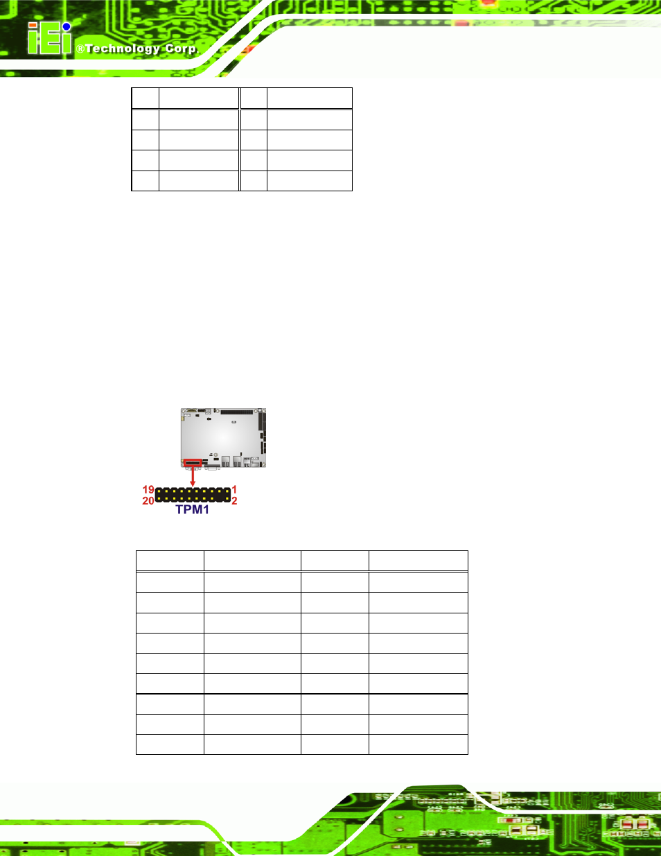 21 tpm connector, Figure 3-22: tpm connector pinout locations, Table 3-22: spi flash connector pinouts | IEI Integration NANO-PV-D4251_N4551_D5251 User Manual | Page 47 / 153