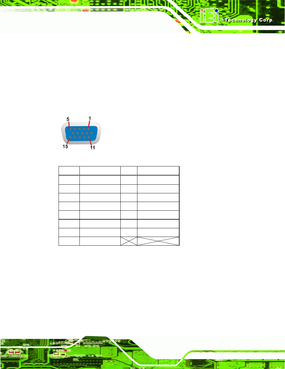 4 vga connector, Figure 3-27: vga connector, Table 3-29: vga connector pinouts | IEI Integration NANO-PV-D4251_N4551_D5251 User Manual | Page 52 / 153