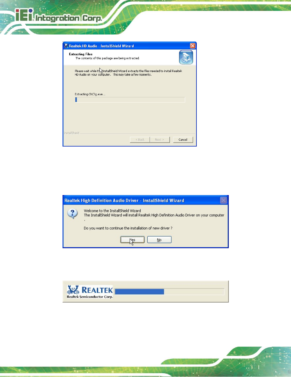 Figure 6-17: audio driver – extracting files, Figure 6-18: audio driver welcome screen, Figure 6-19: audio driver installation | IEI Integration NANO-HM650 User Manual | Page 118 / 175
