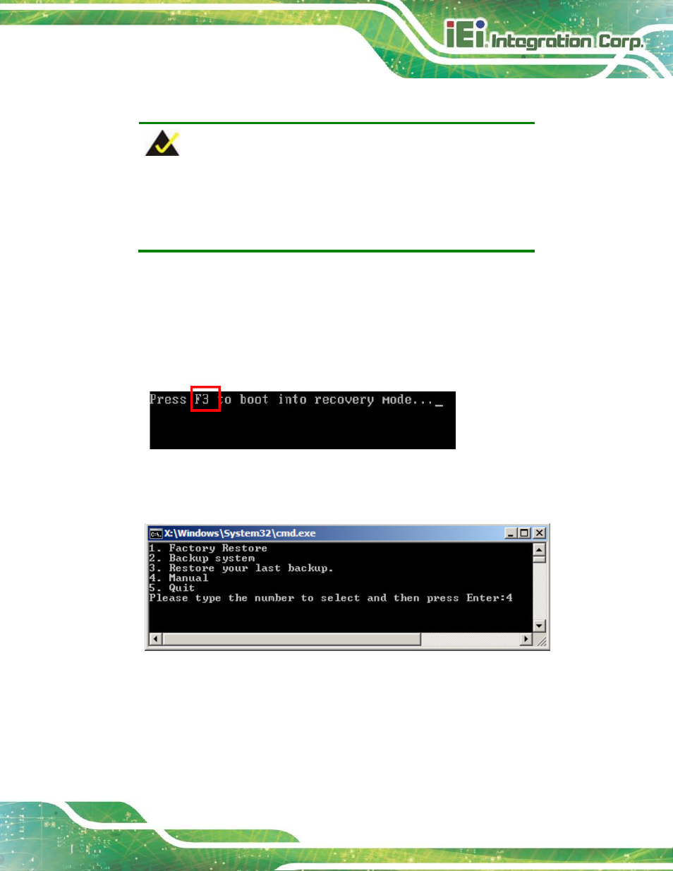B.2.5 create factory default image, Figure b-10: press f3 to boot into recovery mode, Figure b-11: recovery tool menu | B.2.5 ) | IEI Integration NANO-HM650 User Manual | Page 135 / 175