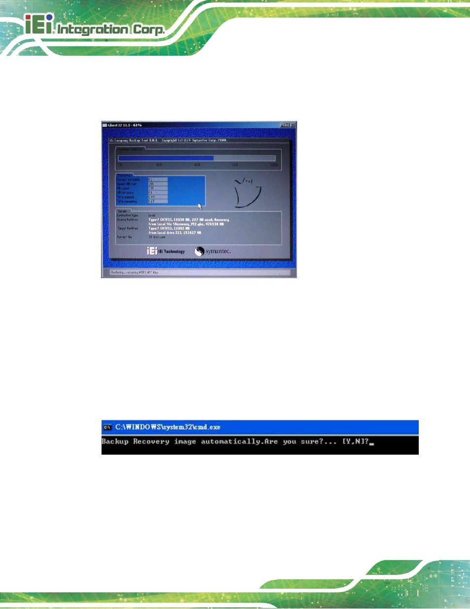 Figure b-25: building the auto recovery partition, Figure b-26: factory default image confirmation | IEI Integration NANO-HM650 User Manual | Page 142 / 175