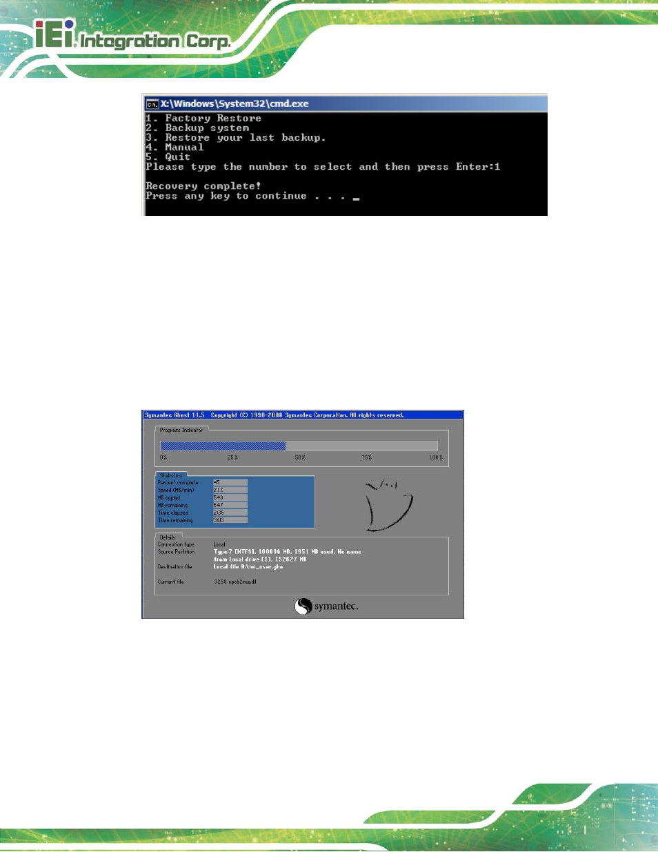 B.5.2 backup system, Figure b-35: recovery complete window, Figure b-36: backup system | IEI Integration NANO-HM650 User Manual | Page 150 / 175